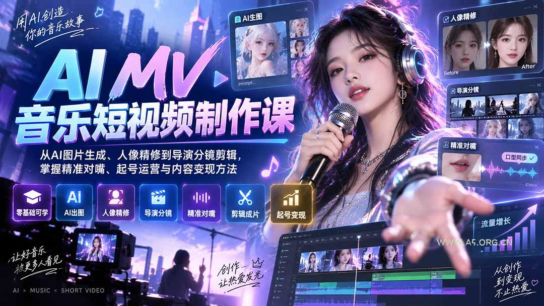 AI MV音乐短视频制作课：从AI图片生成、人像精修到导演分镜剪辑，掌握精准对嘴、起号运营与内容变现方法-小红泡
