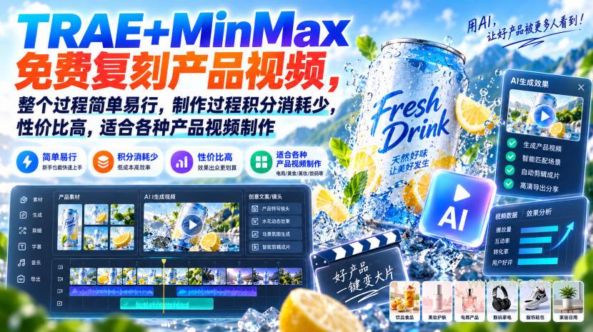 TRAE+MinMax免费复刻产品视频,整个过程简单易行,制作过程积分消耗少,性价比高,适合各种产品视频制作-小红泡