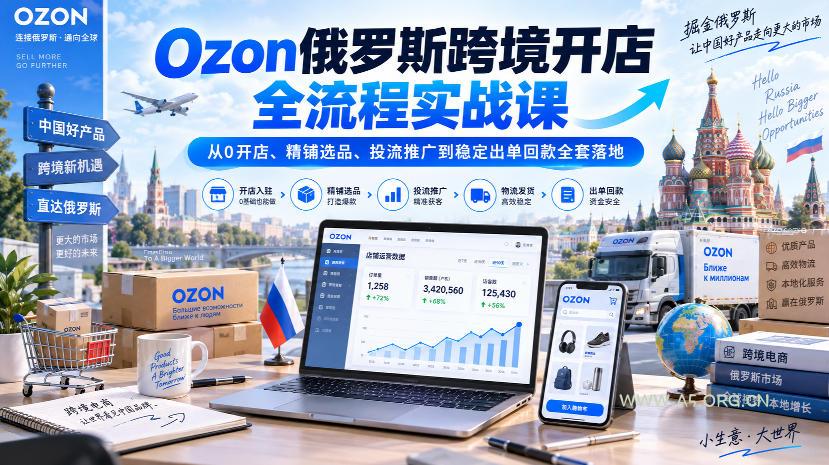 Ozon俄罗斯跨境开店全流程实战课|从0开店、精铺选品、投流推广到稳定出单回款全套落地-小红泡