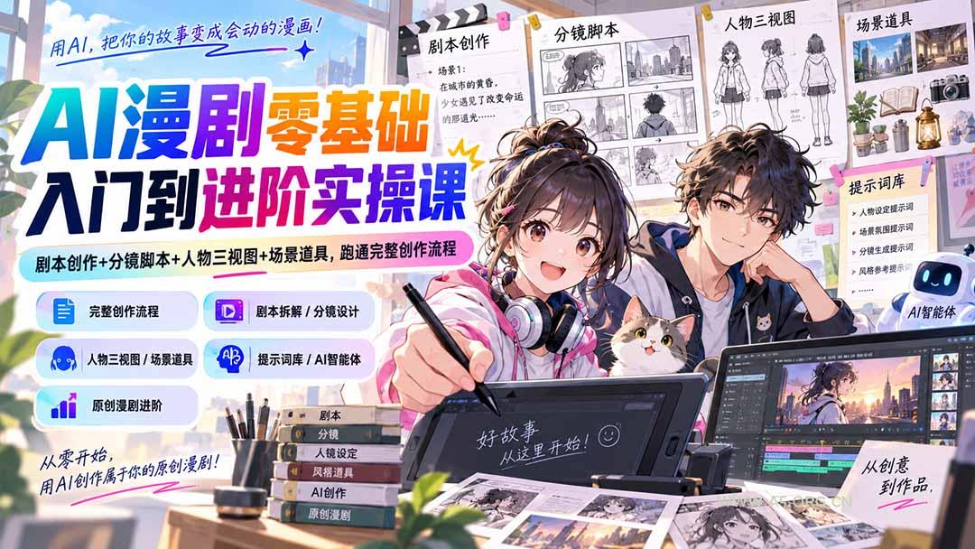 AI漫剧零基础入门到进阶实操课：剧本创作+分镜脚本+人物三视图+场景道具，跑通完整创作流程-小红泡