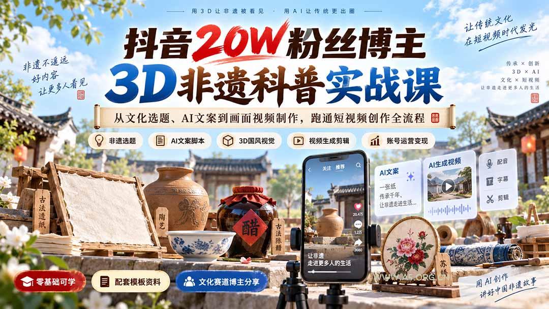 抖音20W粉丝博主3D非遗科普实战课:从文化选题、AI文案到画面视频制作,跑通短视频创作全流程-小红泡