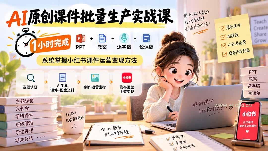 AI原创课件批量生产实战课:1小时完成PPT+教案+逐字稿+说课稿,系统掌握小红书课件运营变现方法-小红泡