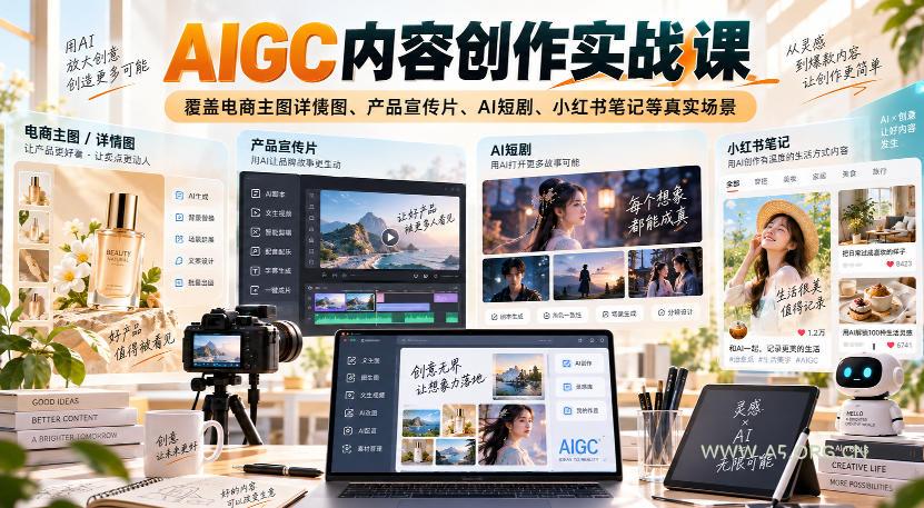 AIGC内容创作实战课，覆盖电商主图详情图、产品宣传片、AI短剧、小红书笔记等真实场景-小红泡