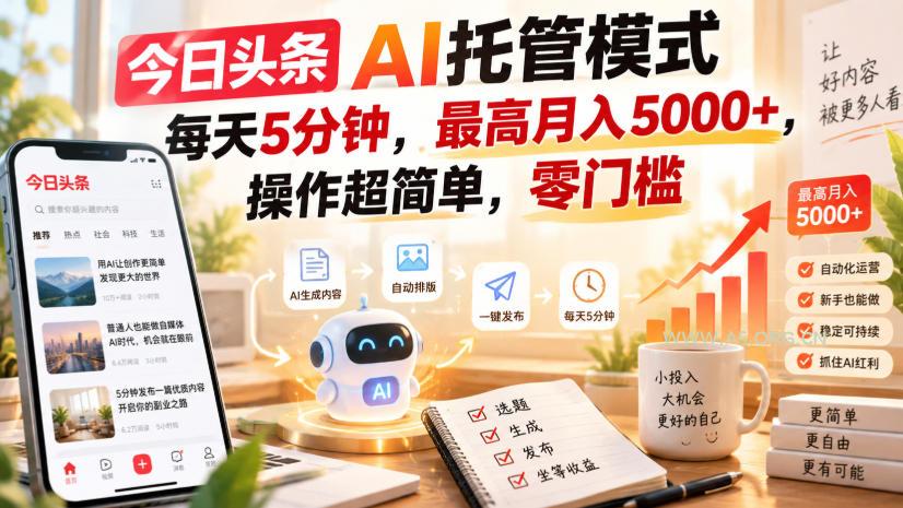 今日头条AI托管模式,每天5分钟,最高月入5000+,操作超简单,零门槛【揭秘】-小红泡