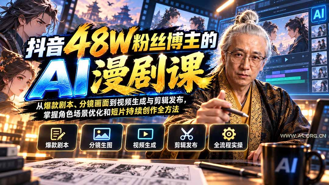 抖音48W粉丝博主的AI漫剧课：从爆款剧本、分镜画面到视频生成与剪辑发布，掌握角色场景优化和短片持续创作全方法-小红泡