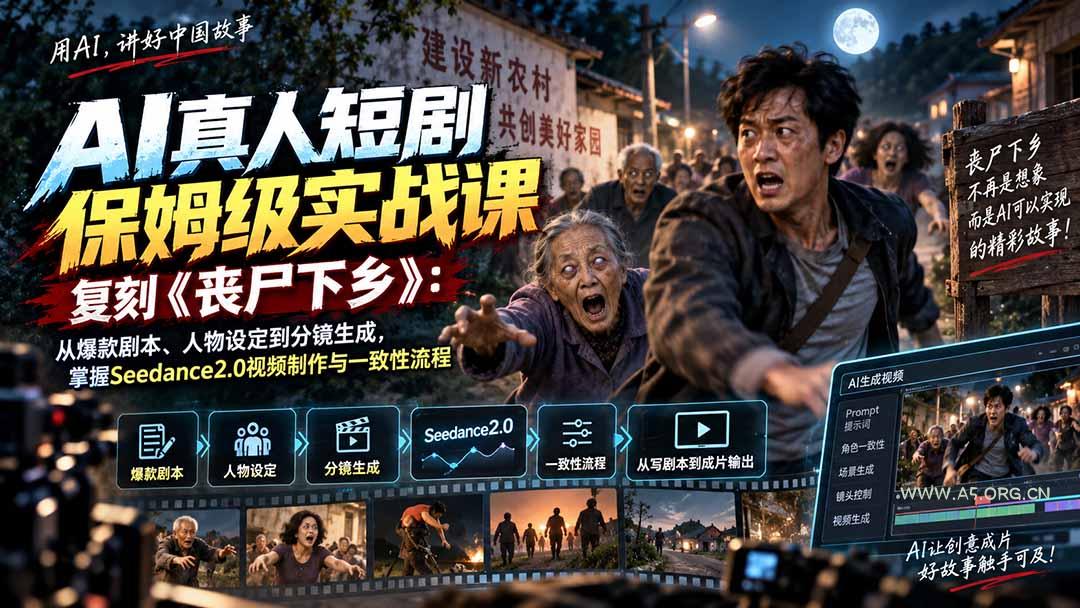 AI真人短剧保姆级实战课,复刻《丧尸下乡》:从爆款剧本、人物设定到分镜生成,掌握Seedance2.0视频制作与一致性流程-小红泡