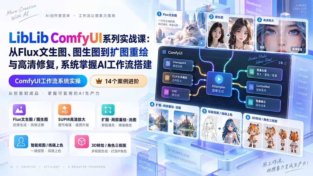 LibLib ComfyUI系列实战课:从Flux文生图、图生图到扩图重绘与高清修复,系统掌握AI工作流搭建-小红泡