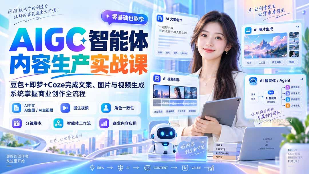 AIGC智能体内容生产实战课：豆包+即梦+Coze完成文案、图片与视频生成，系统掌握商业创作全流程-小红泡