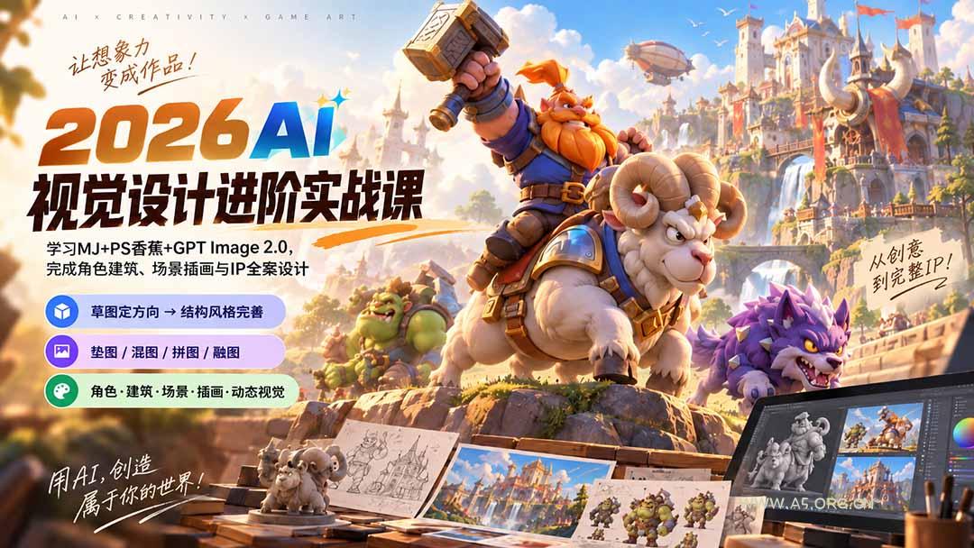 2026AI视觉设计进阶实战课-更新:学习MJ+PS香蕉+GPT Image 2.0,完成角色建筑、场景插画与IP全案设计-小红泡