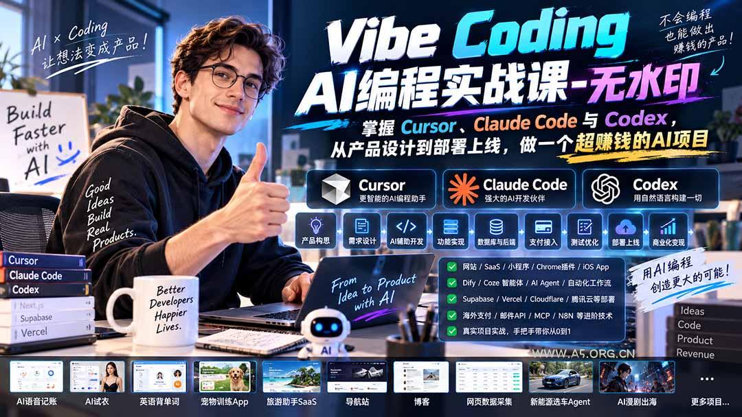 Vibe Coding AI编程实战课-无水印：掌握Cursor、Claude Code与Codex，从产品设计到部署上线，做一个超赚钱的AI项目-小红泡