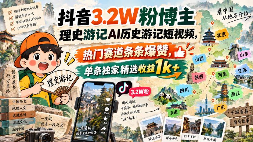 抖音3.2W粉博主理史游记AI历史游记短视频教学，热门赛道条条爆赞，单条独家精选收益1k+-小红泡