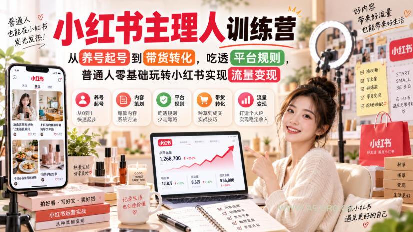 小红书主理人训练营,从养号起号到带货转化,吃透平台规则,普通人零基础玩转小红书实现流量变现-小红泡