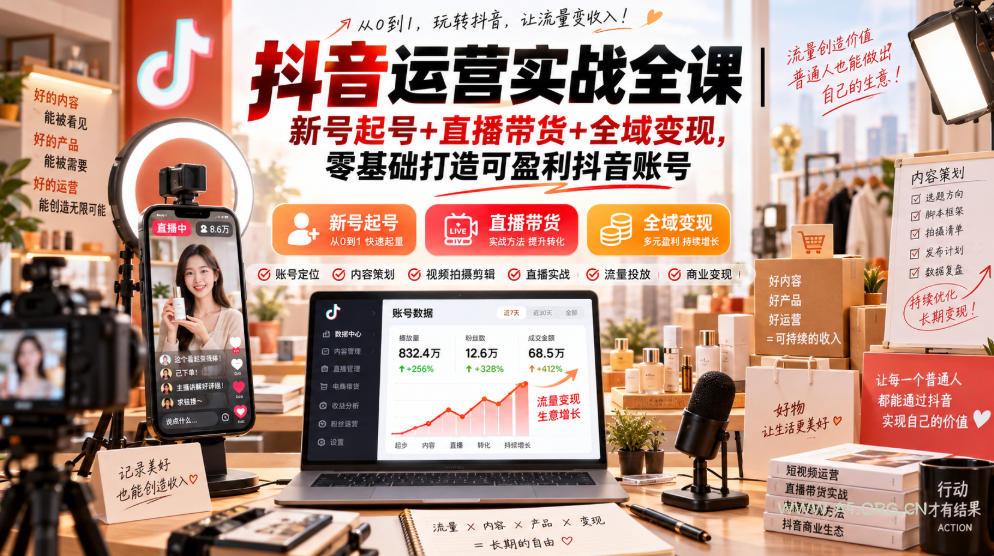抖音运营实战全课｜新号起号+直播带货+全域变现，零基础打造可盈利抖音账号-小红泡