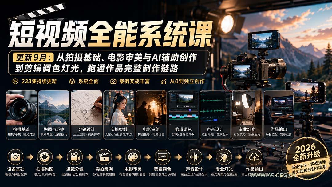短视频全能系统课-9月完整版:从拍摄基础、电影审美与AI辅助创作到剪辑调色灯光,跑通作品完整制作链路-小红泡