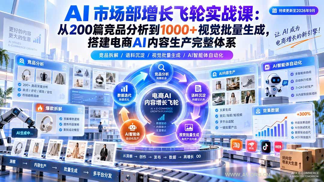 AI 市场部增长飞轮实战课:从200篇竞品分析到1000+视觉批量生成,搭建电商AI内容生产完整体系-小红泡