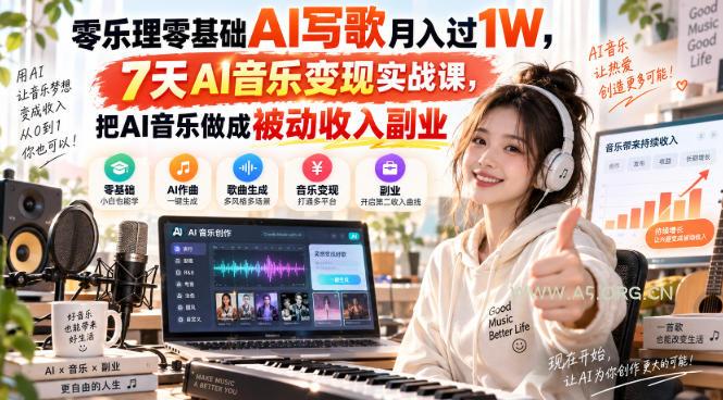 零乐理零基础AI写歌月入过1W,7天AI音乐变现实战课,把AI音乐做成被动收入副业-小红泡