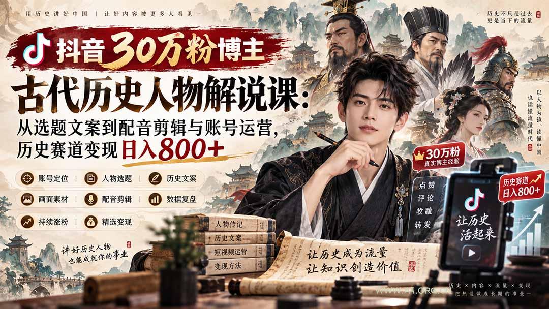 抖音30万粉博主古代历史人物解说课：从选题文案到配音剪辑与账号运营，历史赛道变现日入800+-小红泡