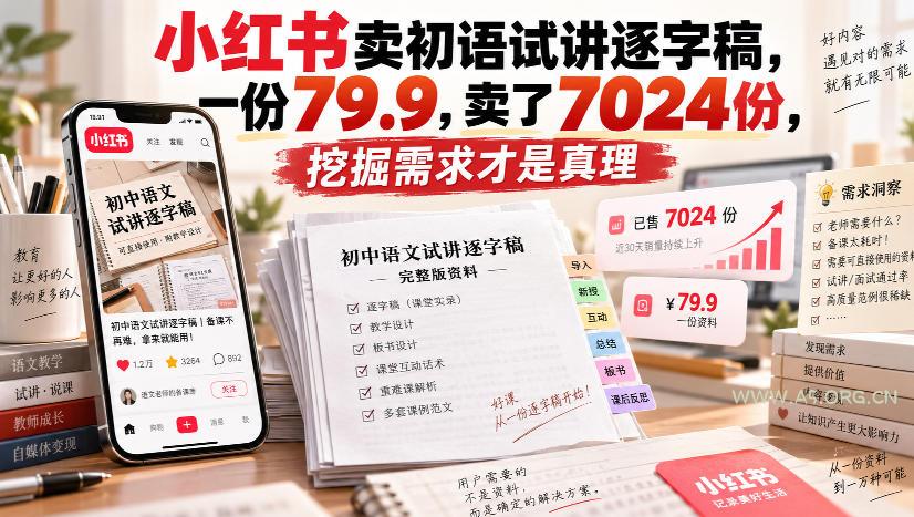小红书卖初语试讲逐字稿,一份79.9,卖了7024份,挖掘需求才是真理-小红泡