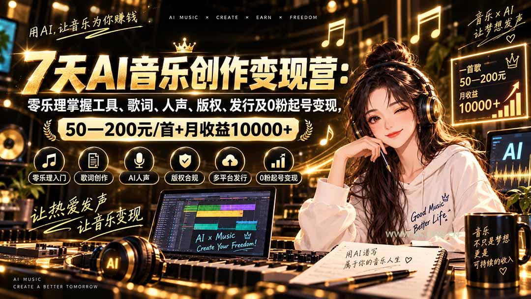 AI音乐创作变现营：零乐理掌握工具、歌词、人声、版权、发行及0粉起号变现，50—200元/首+月收益10000+-小红泡