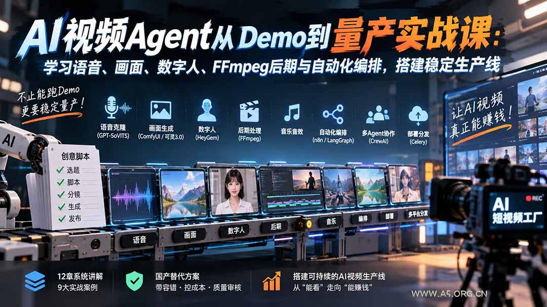 AI视频Agent从Demo到量产实战课:学习语音、画面、数字人、FFmpeg后期与自动化编排,搭建稳定生产线-小红泡