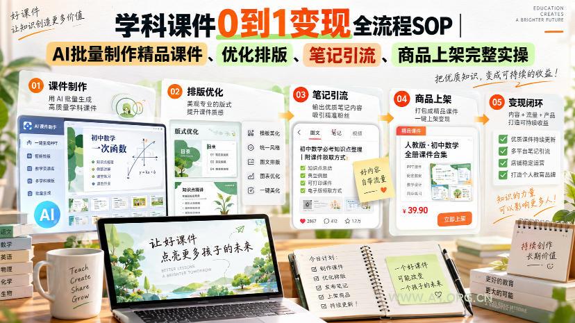 学科课件0到1变现全流程SOP|AI批量制作精品课件、优化排版、笔记引流、商品上架完整实操-小红泡