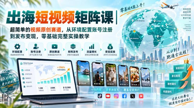 出海短视频矩阵课|超简单的视频原创赛道,从环境配置账号注册到发布变现,零基础完整实操教学-小红泡
