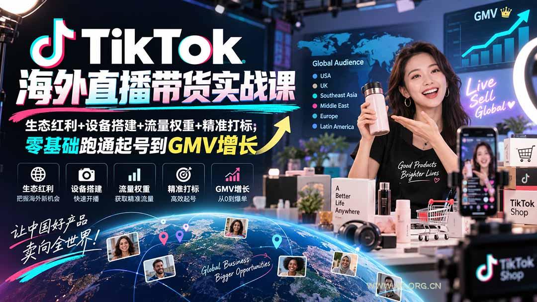 TikTok海外直播带货实战课｜生态红利+设备搭建+流量权重+精准打标，零基础跑通起号到GMV增长-小红泡