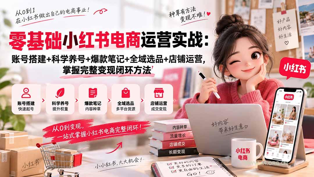 零基础小红书电商运营实战：账号搭建+科学养号+爆款笔记+全域选品+店铺运营，掌握完整变现闭环方法-小红泡