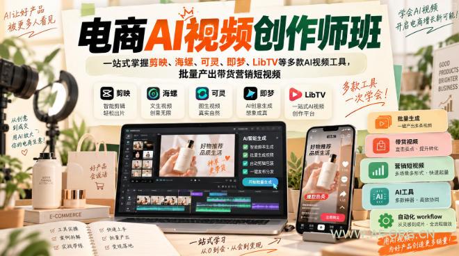 电商AI视频创作师班,一站式掌握剪映、海螺、可灵、即梦、LibTV等多款AI视频工具,批量产出带货营销短视频-小红泡