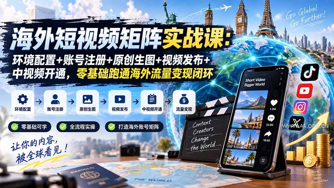 海外短视频矩阵实战课：环境配置+账号注册+原创生图+视频发布+中视频开通，零基础跑通海外流量变现闭环-小红泡