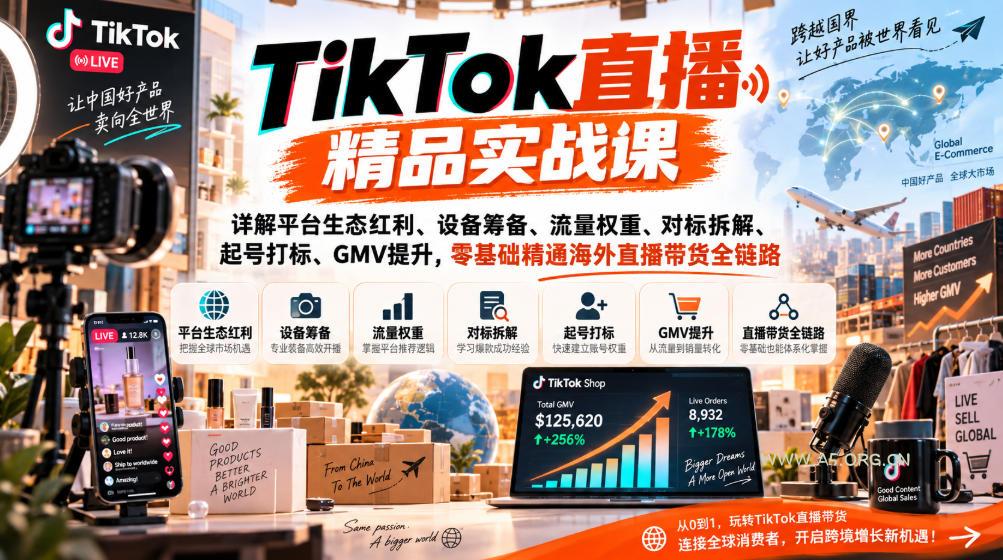 TikTok直播精品实战课,详解平台生态红利、设备筹备、流量权重、对标拆解、起号打标、GMV提升,零基础精通海外直播带货全链路-小红泡