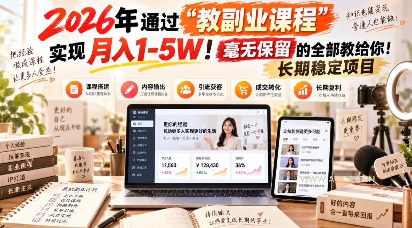 2026年通过“教副业课程”实现月入1-5W!毫无保留的全部教给你!长期稳定项目-小红泡