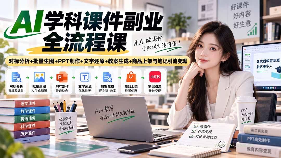 AI学科课件副业全流程课|对标分析+批量生图+PPT制作+文字还原+教案生成+商品上架与笔记引流变现-小红泡