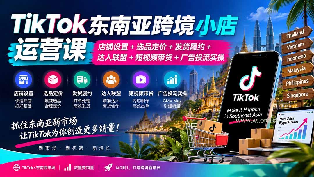 TikTok东南亚跨境小店运营课：店铺设置+选品定价+发货履约+达人联盟+短视频带货+广告投流实操-小红泡