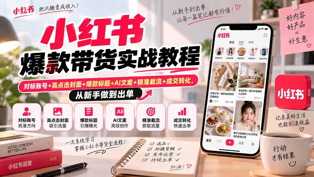 小红书爆款带货实战教程｜对标账号+高点击封面+爆款标题+AI文案+精准截流+成交转化，从新手做到出单-小红泡