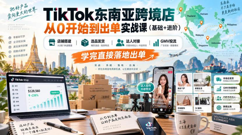 TikTok东南亚跨境店从0开始到出单实战课(基础+进阶),店铺搭建、选品发货、达人对接、GMV投流,学完直接落地出单-小红泡