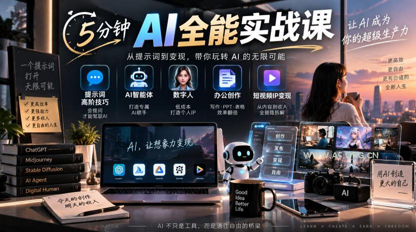 5分钟AI全能实战课|提示词高阶技巧+AI智能体+数字人+办公创作+短视频IP变现全教程-小红泡