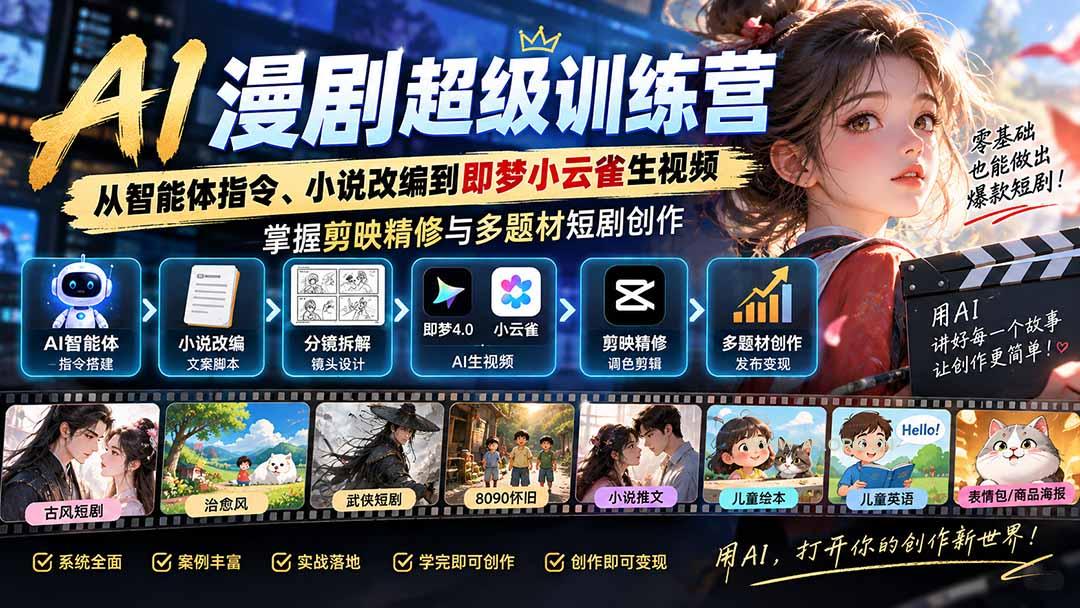AI漫剧超级特训营：从智能体指令、小说改编到即梦小云雀生视频，掌握剪映精修与多题材短剧创作-小红泡