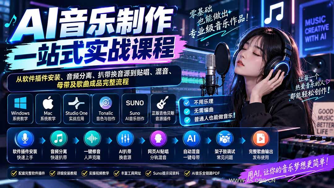 AI音乐制作一站式实战课程：从软件插件安装、音频分离、扒带换音源到贴唱、混音、母带及歌曲成品完整流程-小红泡