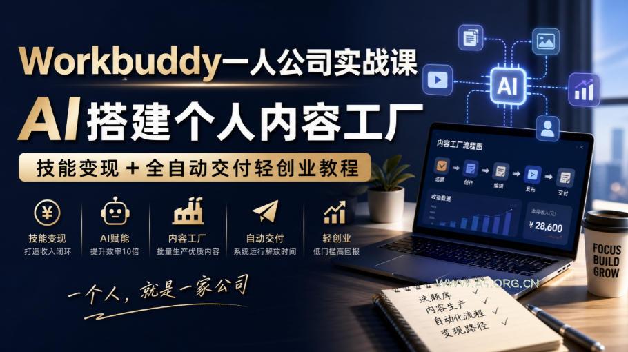 Workbuddy一人公司实战课,AI搭建个人内容工厂,技能变现+全自动交付轻创业教程-小红泡