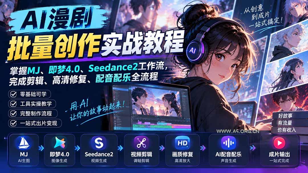 AI漫剧批量创作实战教程:掌握MJ、即梦4.0、Seedance2工作流,完成剪辑、高清修复、配音配乐全流程-小红泡