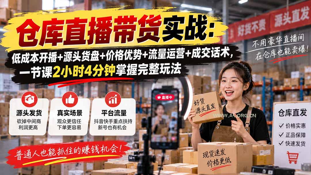 仓库直播带货实战:低成本开播+源头货盘+价格优势+流量运营+成交话术,一节课2小时4分钟掌握完整玩法-小红泡