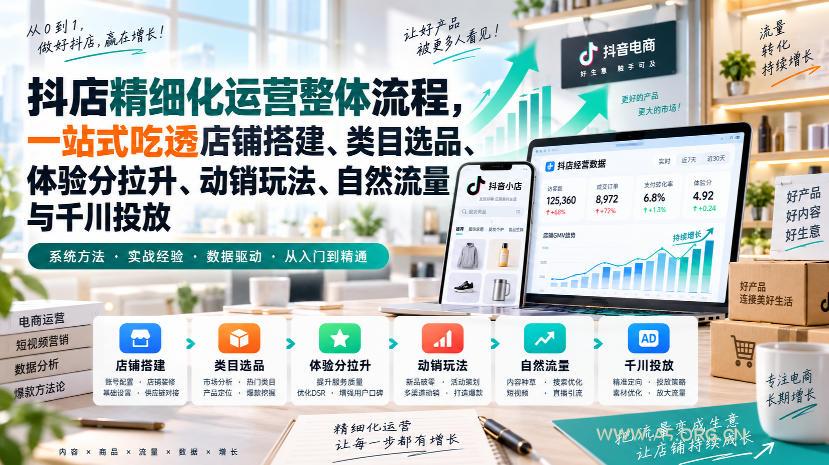 李哥电商-抖店精细化运营整体流程,一站式吃透店铺搭建、类目选品、体验分拉升、动销玩法、自然流量与千川投放-小红泡