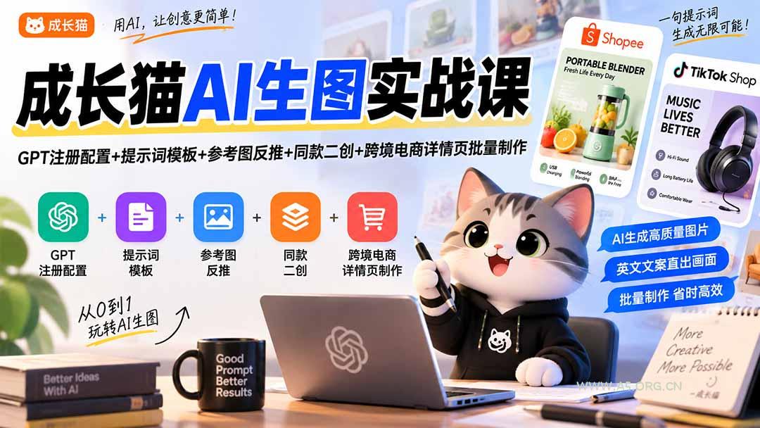 成长猫AI生图实战课|GPT注册配置+提示词模板+参考图反推+同款二创+跨境电商详情页批量制作-小红泡