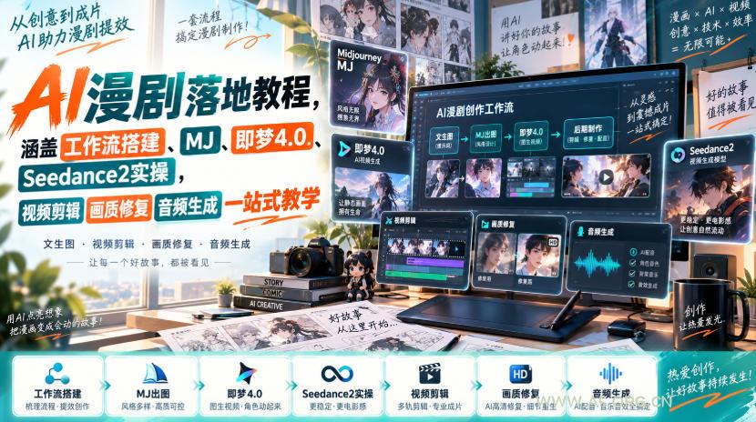 AI漫剧落地教程,涵盖工作流搭建、MJ、即梦4.0、Seedance2实操,视频剪辑画质修复音频生成一站式教学-小红泡