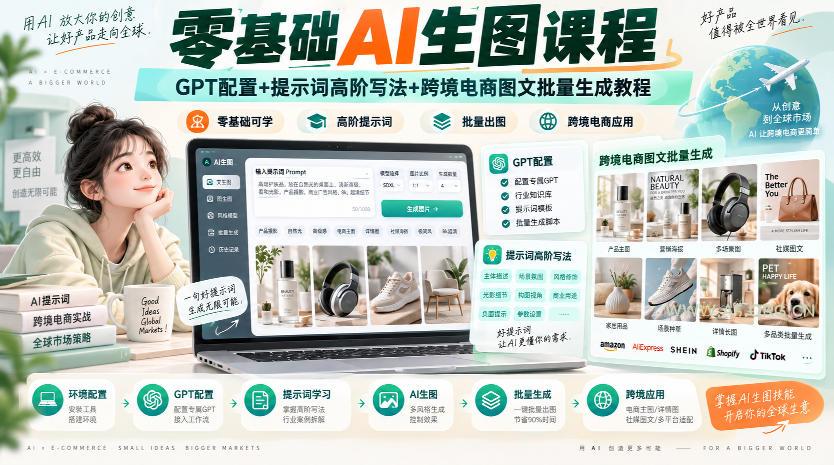 零基础AI生图课程，GPT配置+提示词高阶写法+跨境电商图文批量生成教程-小红泡