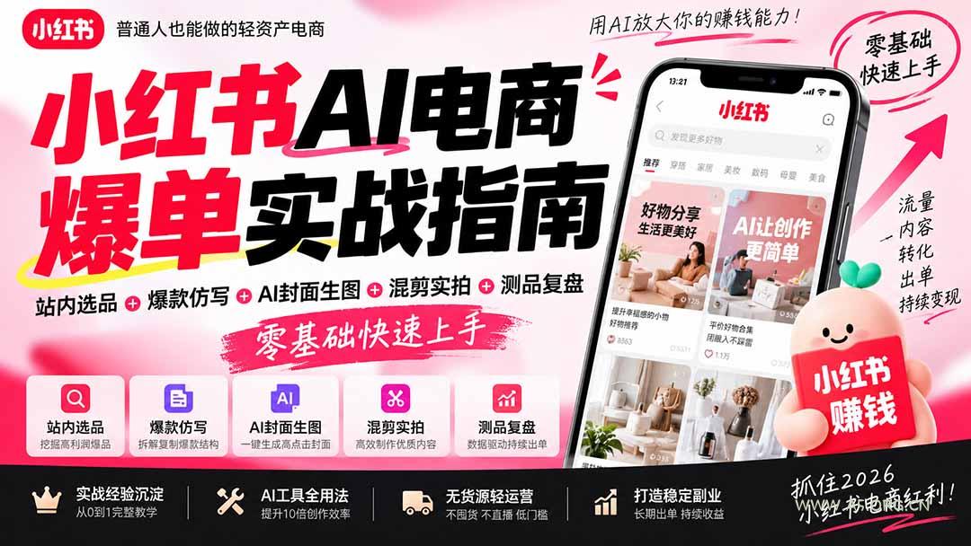 2026小红书AI电商爆单实战指南：站内选品+爆款仿写+AI封面生图+混剪实拍+测品复盘，零基础快速上手-小红泡