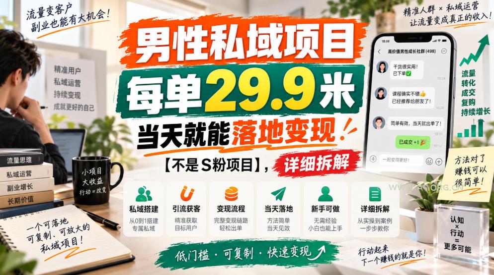 男性私域项目,每单29.9米,当天就能落地变现【不是S粉项目】,详细拆解-小红泡