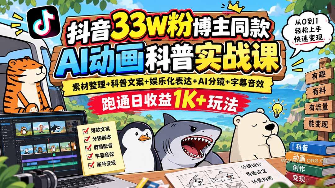 抖音33W粉博主同款AI动画科普实战课|素材整理+科普文案+娱乐化表达+AI分镜+字幕音效,跑通日收益1K+玩法-小红泡