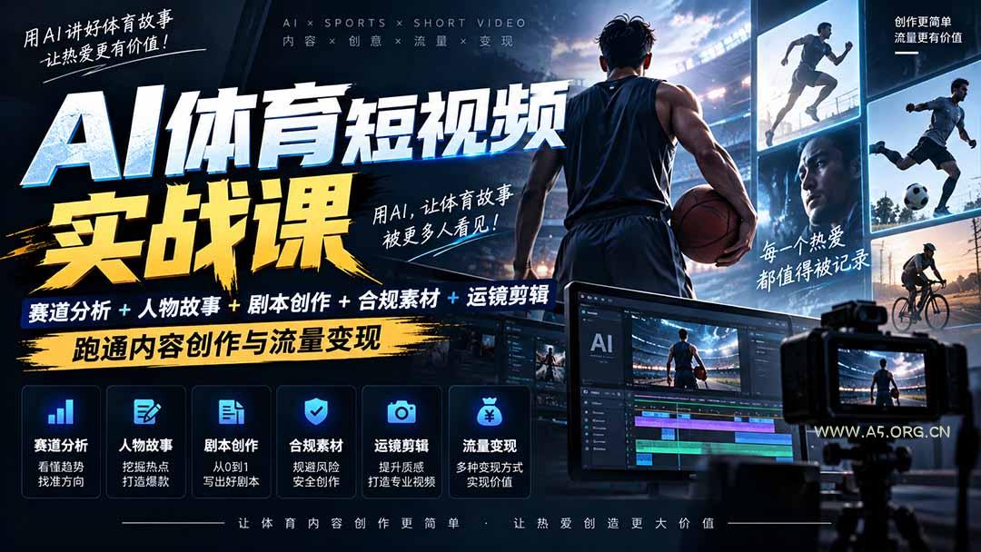 AI体育短视频赛道顶级玩法｜赛道分析+人物故事+剧本创作+版权处理+运镜剪辑，跑通流量变现-日赚1K+-小红泡